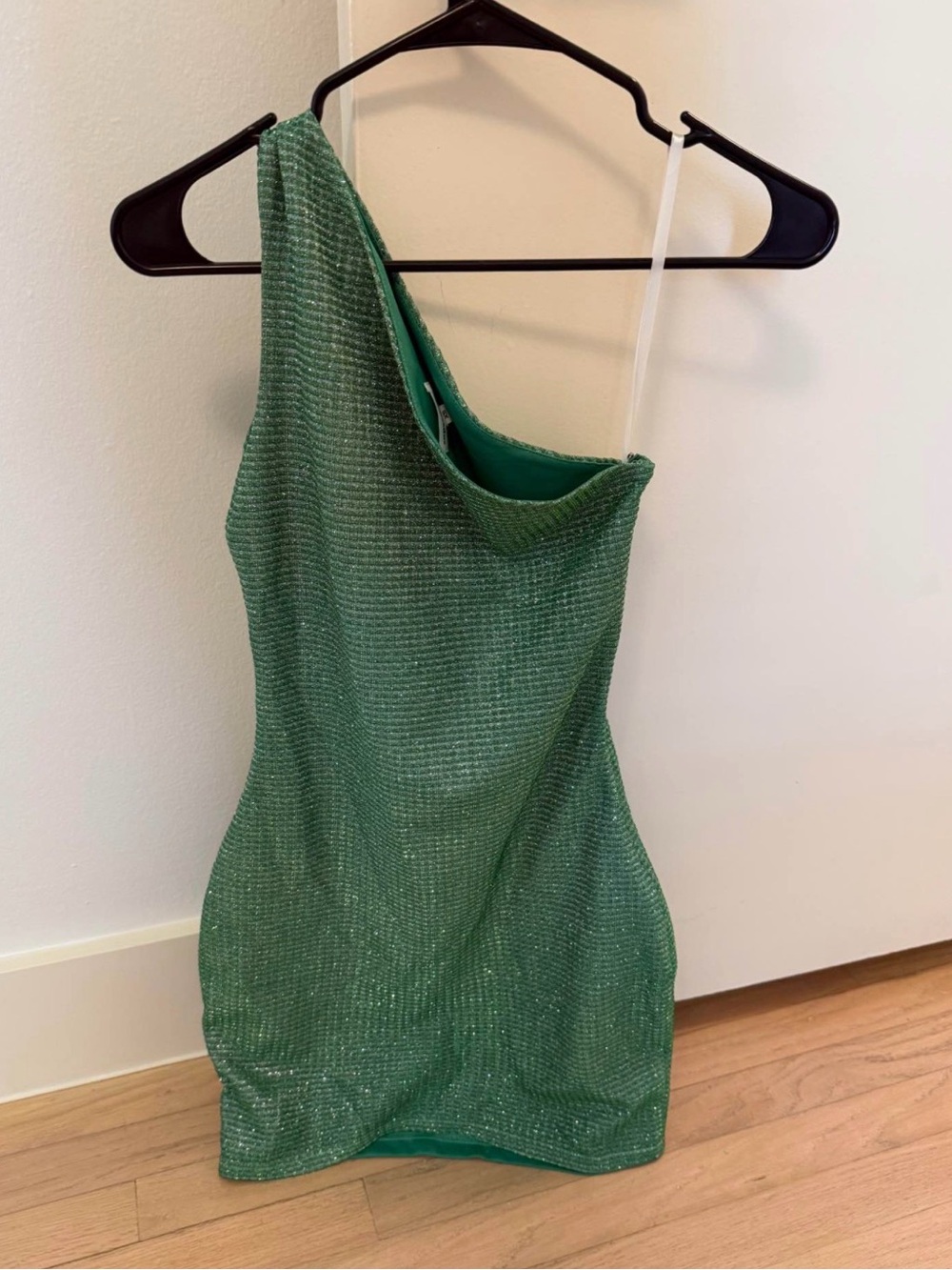 Superdown Revolve Green One-Shoulder Sparkle Mini Dress
